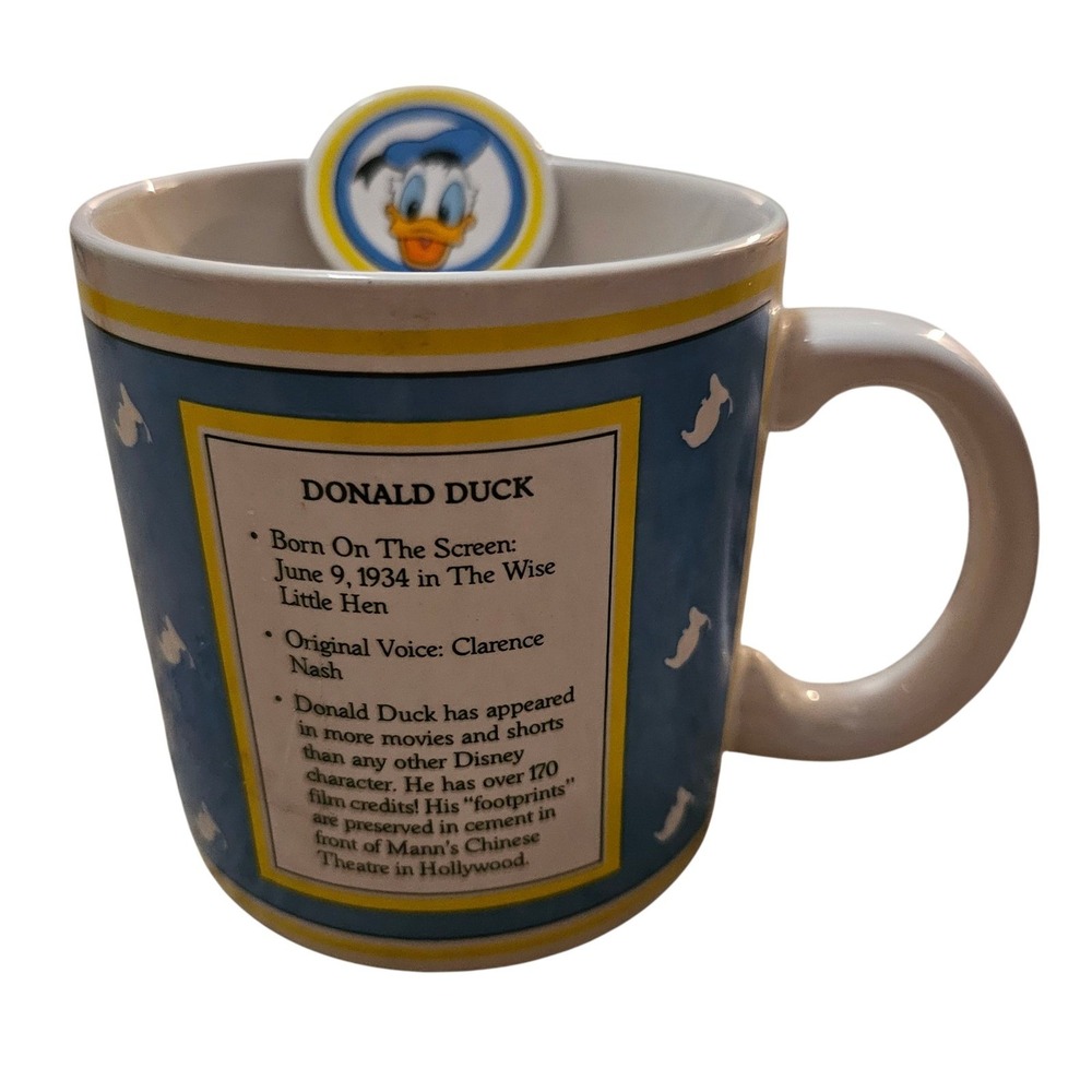 Vintage Disney Donald Duck Character Facts Ceramic Mug Blue White